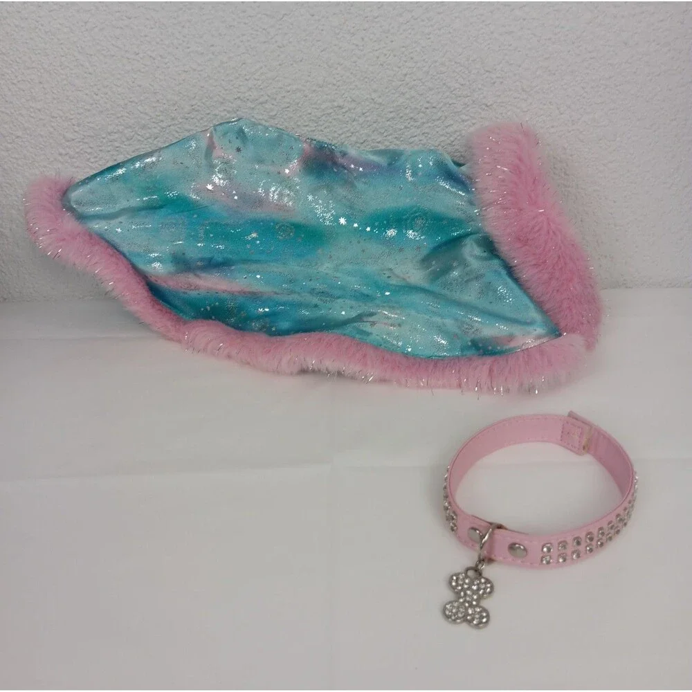 Build a Bear Pink Blue Snowflake Cape Silver Sparkle Bonus Collar Bone Tag